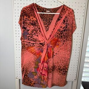 Reina Top Women's‎ 4 Coral Leopard Print Deep V-Neck Twisted Sleeveless Blouse